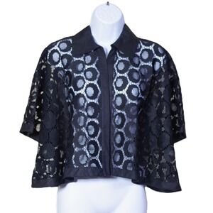 Andrea Jovine M Black Lace Geometric Circle Crop Jacket Short Sleeve Linen Trim